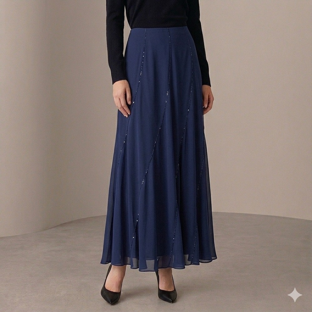 Papell Boutique Maxi Skirt Womens 8 Navy Blue Beaded Formal Evening Chiffon